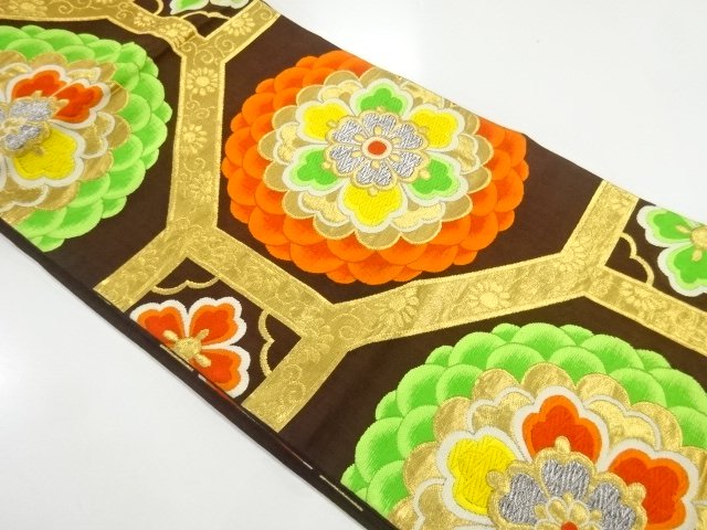JAPANESE KIMONO / ANTIQUE FUKURO OBI / SILK / WOVEN FLORAL CREST